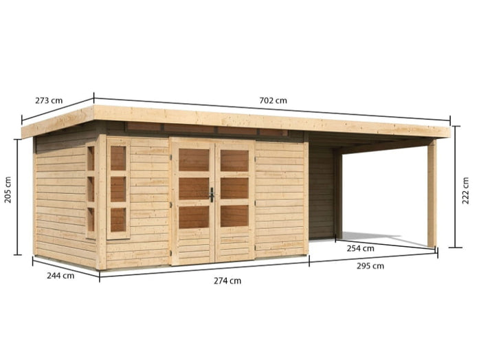 Karibu Gartenhaus Kastorf 7 - natur mit Anbaudach 3,2 m und 28 mm Rückwand