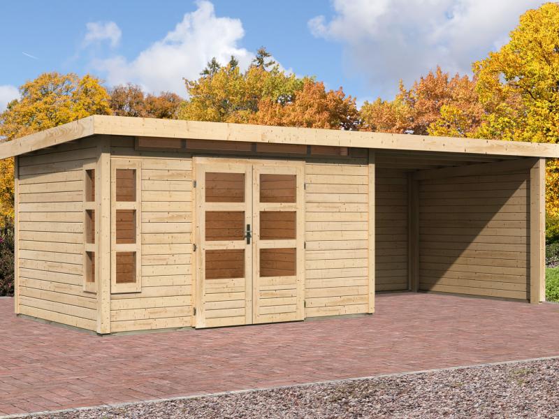 Karibu Gartenhaus Kastorf 7 - natur mit Anbaudach 3,2 m und 28 mm Seiten- und Rückwand
