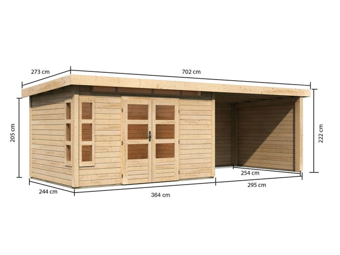 Karibu Gartenhaus Kastorf 7 - natur mit Anbaudach 3,2 m und 28 mm Seiten- und Rückwand