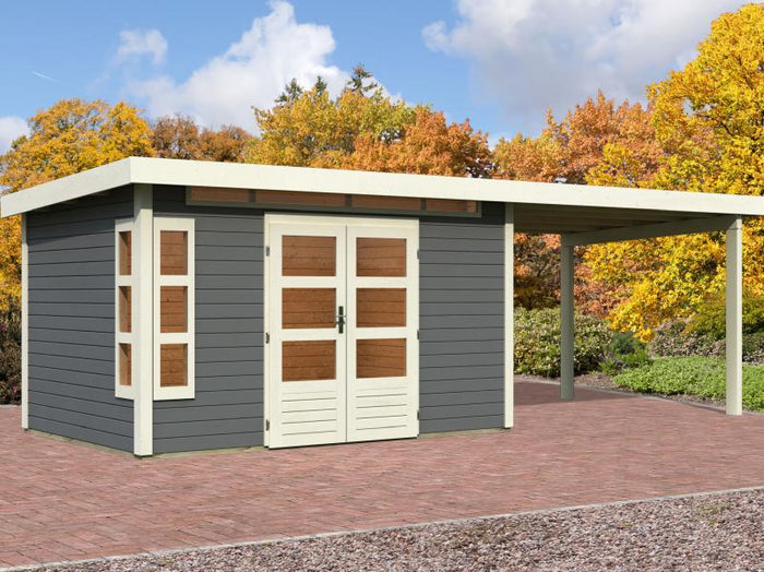 Karibu Gartenhaus Kastorf 7 - terragrau mit Anbaudach 3,2 m