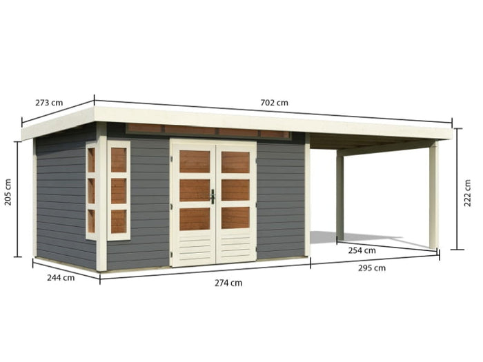 Karibu Gartenhaus Kastorf 7 - terragrau mit Anbaudach 3,2 m