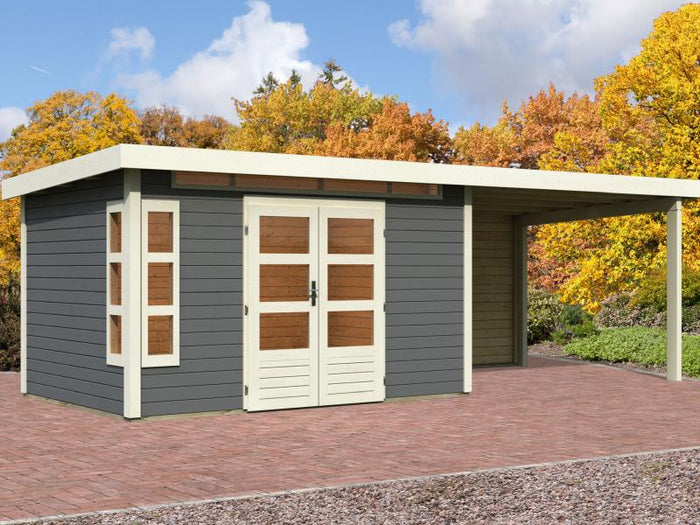 Karibu Gartenhaus Kastorf 7 - terragrau mit Anbaudach 3,2 m und 28 mm Rückwand