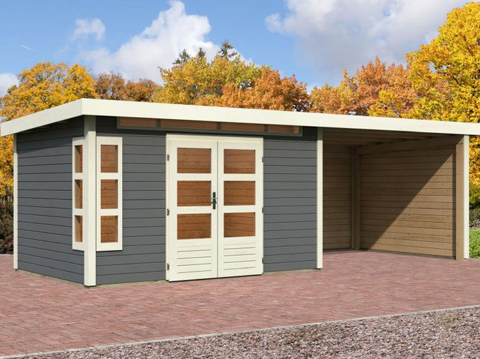 Karibu Gartenhaus Kastorf 7 - terragrau mit Anbaudach 3,2 m und 28 mm Seiten- und Rückwand