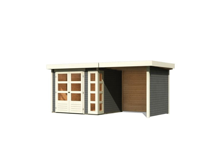 Karibu Gartenhaus Kerko 3 in terragrau mit 2,40 m Anbaudach und Rück-und Seitenwänden