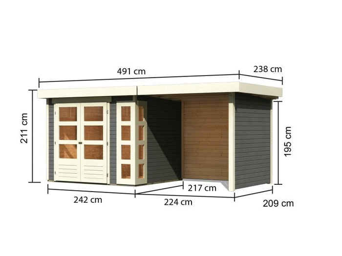 Karibu Gartenhaus Kerko 3 in terragrau mit 2,40 m Anbaudach und Rück-und Seitenwänden