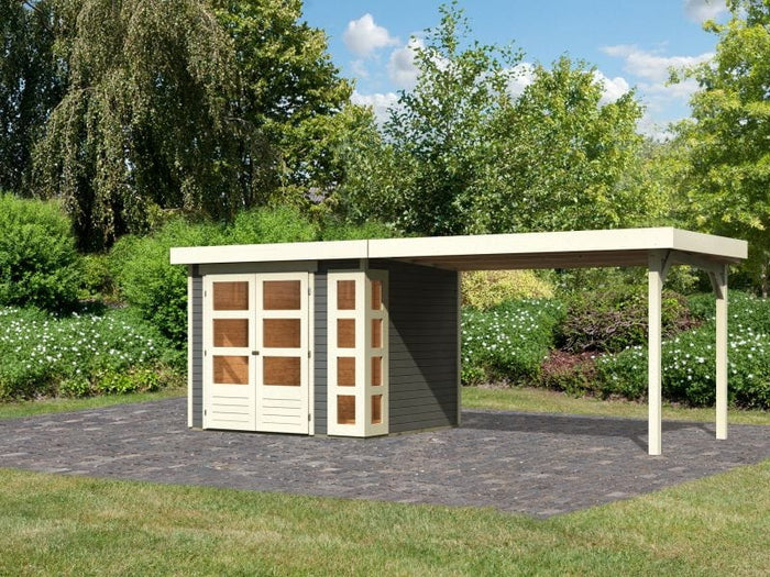 Karibu Gartenhaus Kerko 3 in terragrau mit 2,80 m Anbaudach