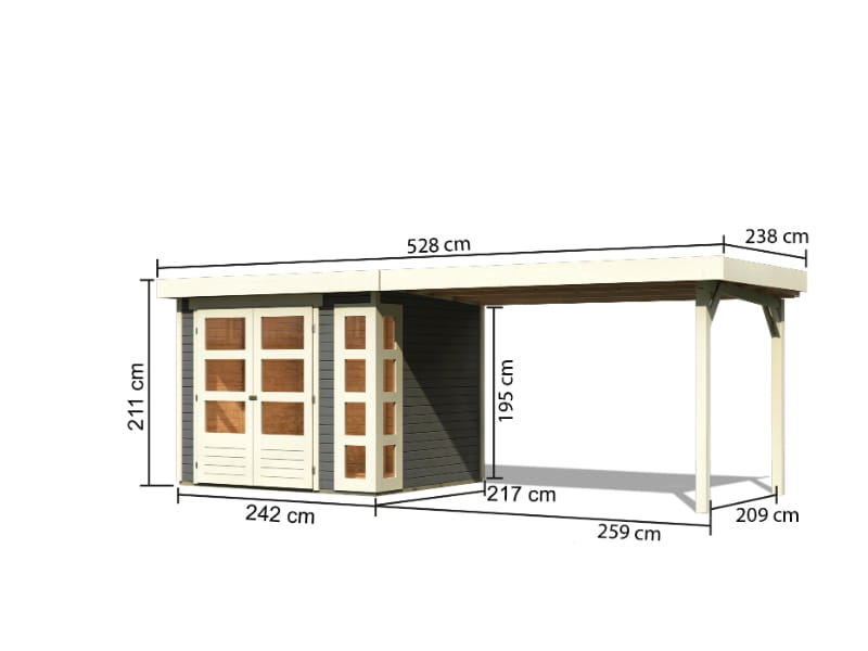 Karibu Gartenhaus Kerko 3 in terragrau mit 2,80 m Anbaudach