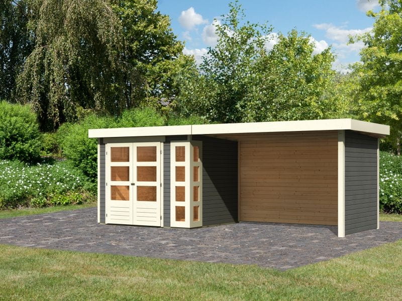 Karibu Gartenhaus Kerko 3 in terragrau mit 2,80 m Anbaudach inklusive Rück-und Seitenwand