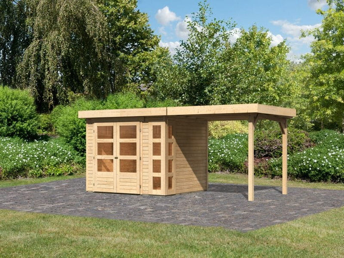 Karibu Gartenhaus Kerko 3 natur mit 2,40 m Anbaudach