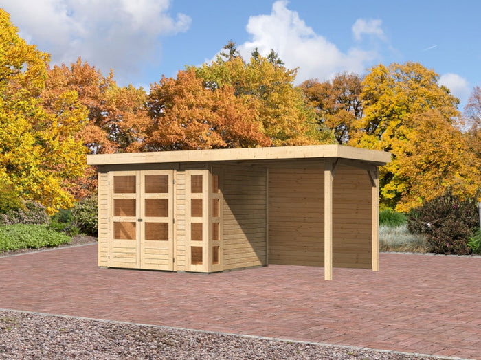 Karibu Gartenhaus Kerko 3 natur mit 2,40 m Anbaudach, Rückwand