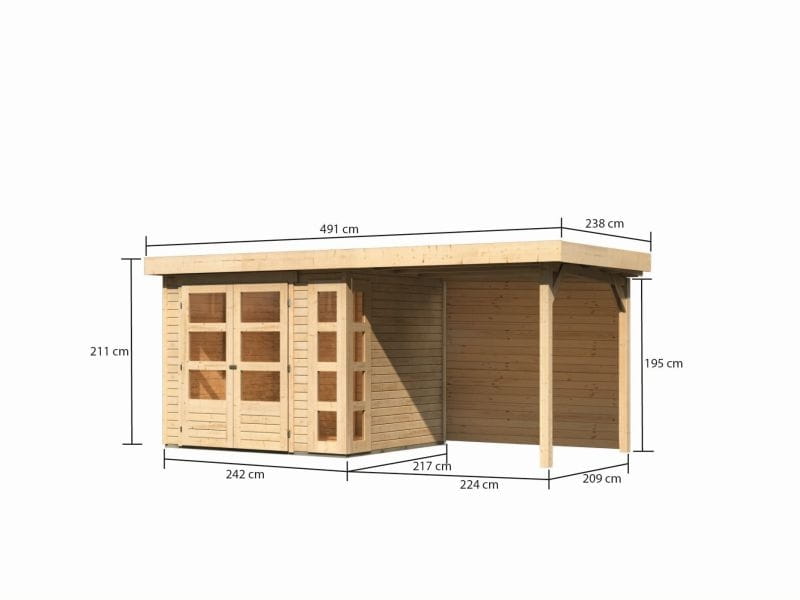 Karibu Gartenhaus Kerko 3 natur mit 2,40 m Anbaudach, Rückwand