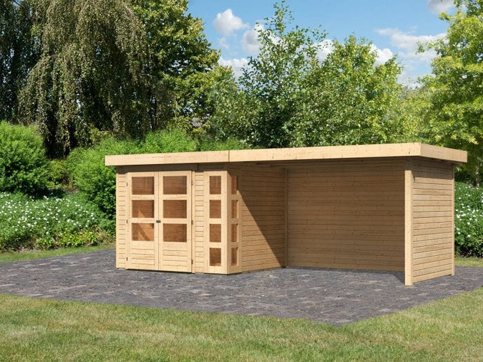 Karibu Gartenhaus Kerko 3 natur mit 2,80 m Anbaudach Inklusive Rück-und Seitenwand
