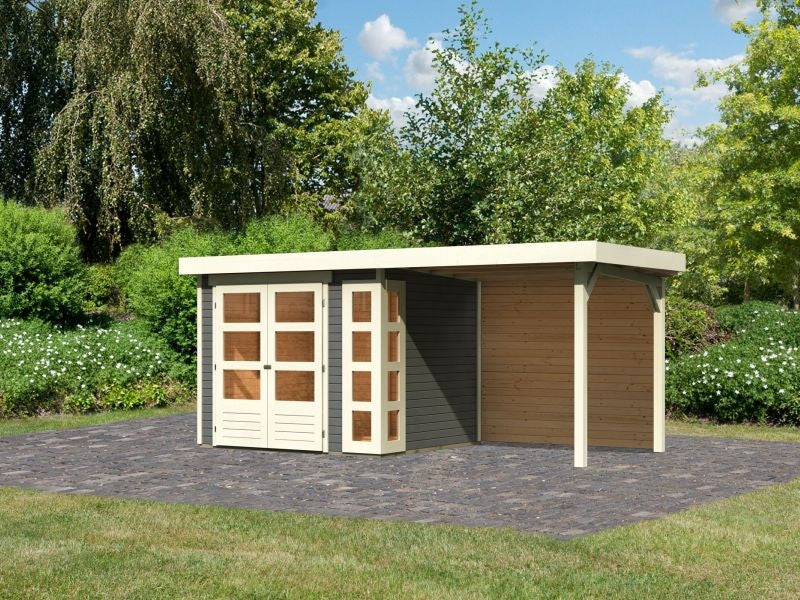 Karibu Gartenhaus Kerko 3 terragrau mit 2,40 m Anbaudach, Rückwand