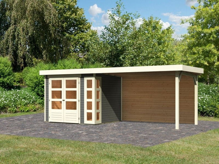 Karibu Gartenhaus Kerko 3 terragrau mit Anbaudach 2,80 m inkl. Rückwand