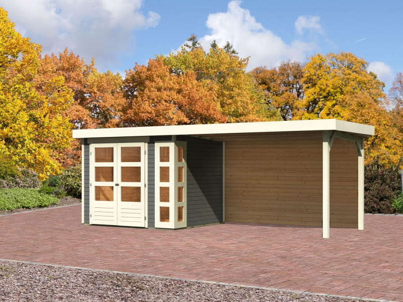 Karibu Gartenhaus Kerko 3 terragrau mit Anbaudach 2,80 m inkl. Rückwand