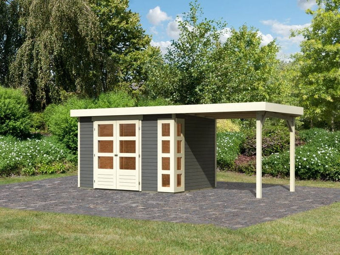 Karibu Gartenhaus Kerko 4 in terragrau mit Anbaudach 2,40 m