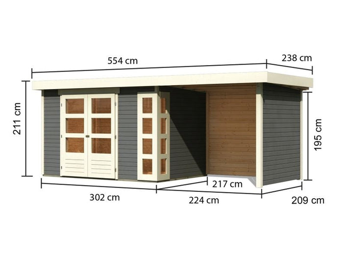 Karibu Gartenhaus Kerko 4 in terragrau mit Anbaudach 2,40 m und Rück-und Seitenwand
