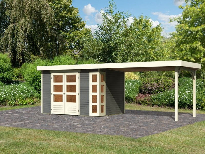 Karibu Gartenhaus Kerko 4 in terragrau mit Anbaudach 2,80 m