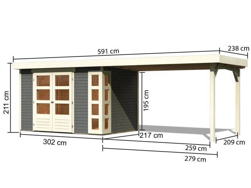 Karibu Gartenhaus Kerko 4 in terragrau mit Anbaudach 2,80 m