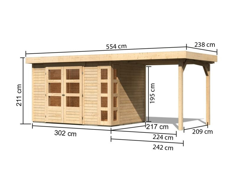 Karibu Gartenhaus Kerko 4 natur mit Anbaudach 2,40 m