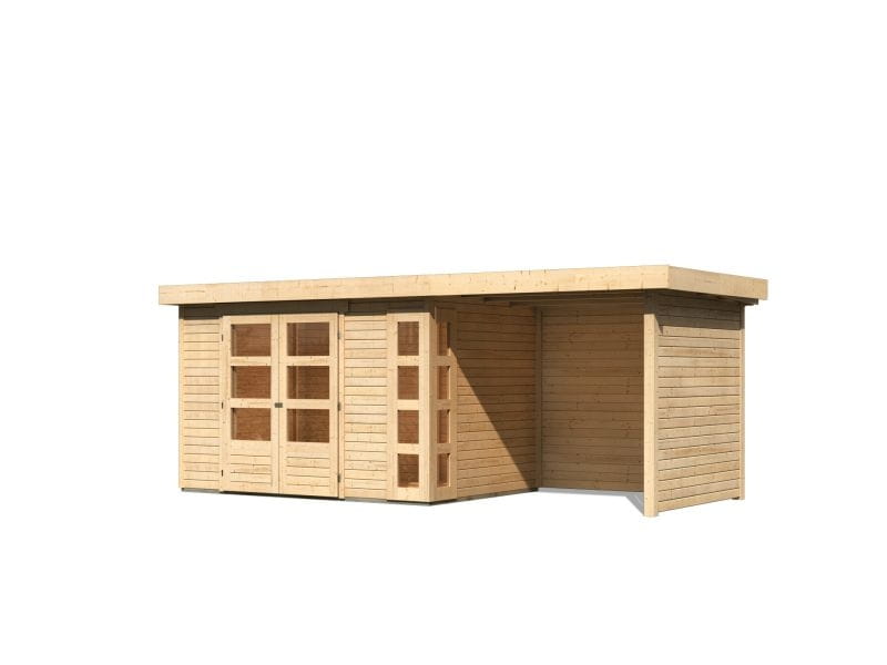 Karibu Gartenhaus Kerko 4 natur mit Anbaudach 2,40 m und Rück-und Seitenwand