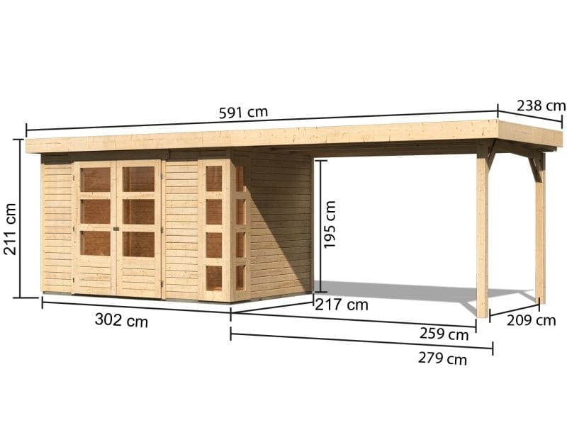 Karibu Gartenhaus Kerko 4 natur mit Anbaudach 2,80 m