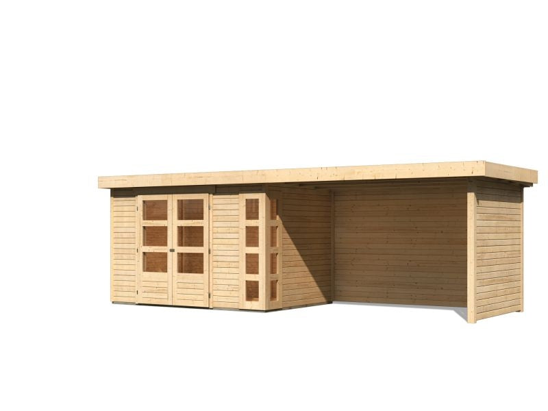 Karibu Gartenhaus Kerko 4 natur mit Anbaudach 2,80 m inklusive Rück-und Seitenwand