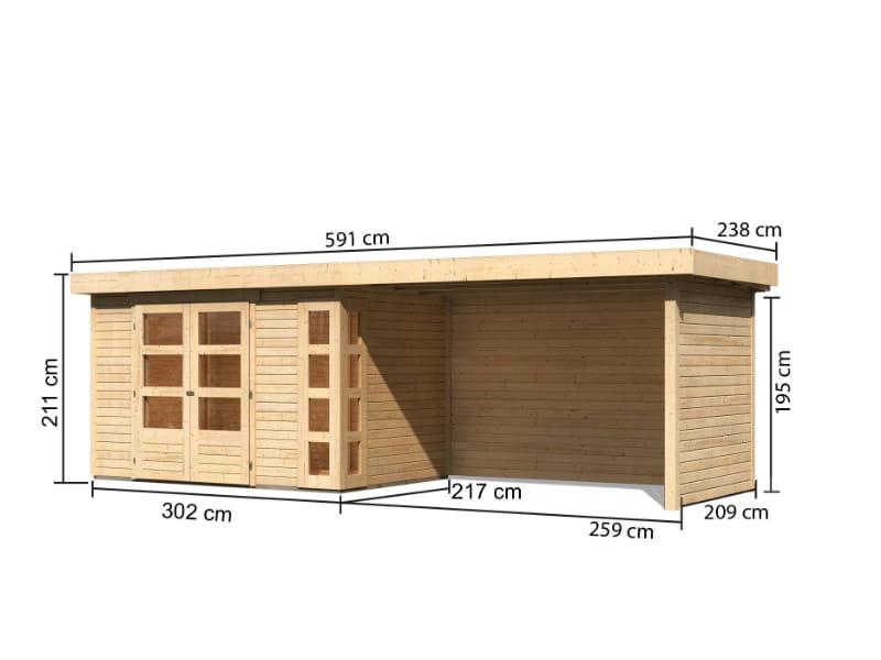 Karibu Gartenhaus Kerko 4 natur mit Anbaudach 2,80 m inklusive Rück-und Seitenwand