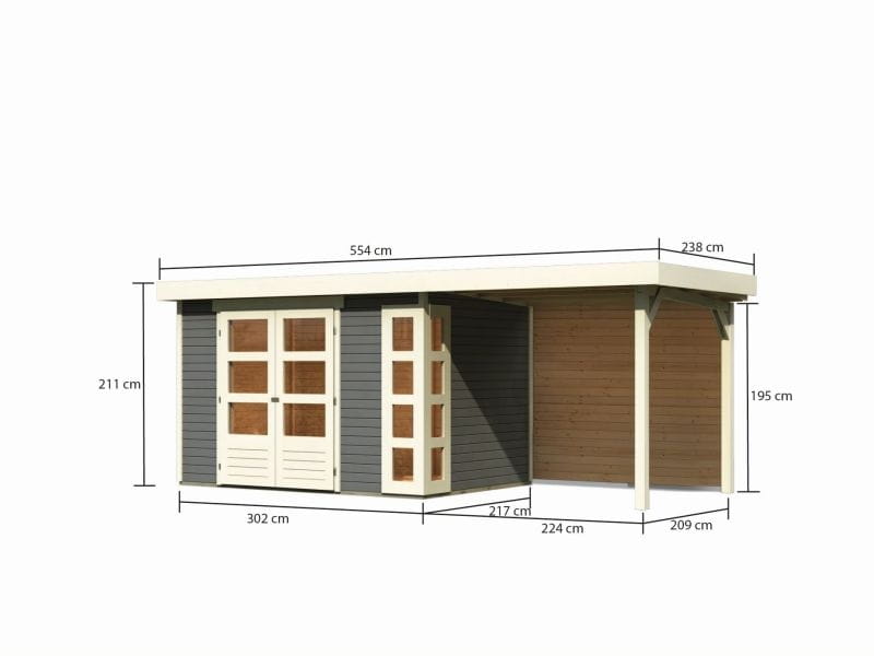 Karibu Gartenhaus Kerko 4 terragrau mit Anbaudach 2,40 m, Rückwand