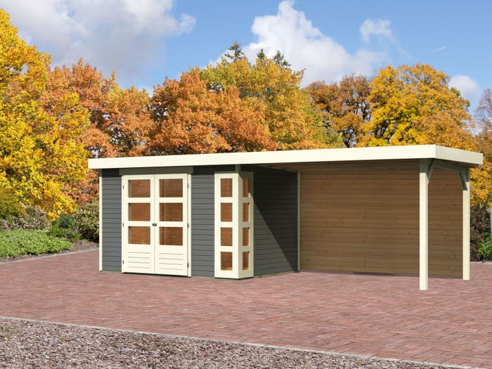 Karibu Gartenhaus Kerko 4 terragrau mit Anbaudach 2,80 m inkl. Rückwand
