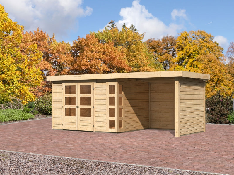 Karibu Gartenhaus Kerko 5 natur mit Anbaudach 2,40 m inkl. Seiten- und Rückwand