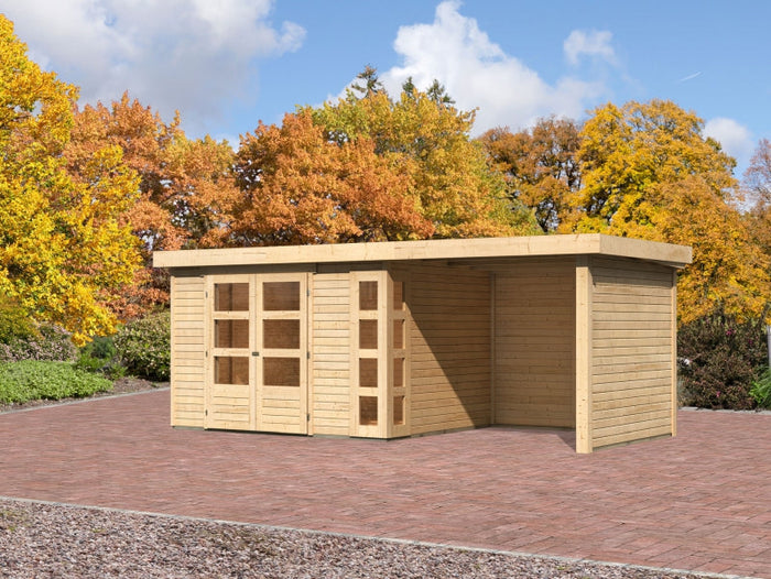Karibu Gartenhaus Kerko 5 natur mit Anbaudach 2,40 m inkl. Seiten- und Rückwand