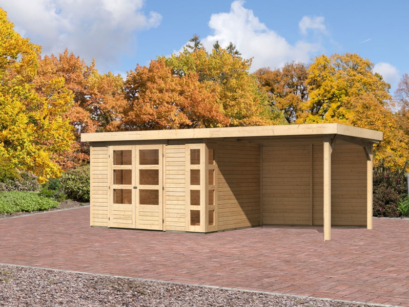 Karibu Gartenhaus Kerko 5 natur mit Anbaudach 2,80 m inkl. Rückwand
