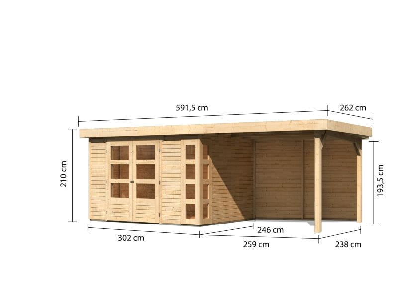 Karibu Gartenhaus Kerko 5 natur mit Anbaudach 2,80 m inkl. Rückwand