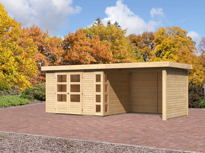 Karibu Gartenhaus Kerko 5 natur mit Anbaudach 2,80 m inkl. Seiten- und Rückwand