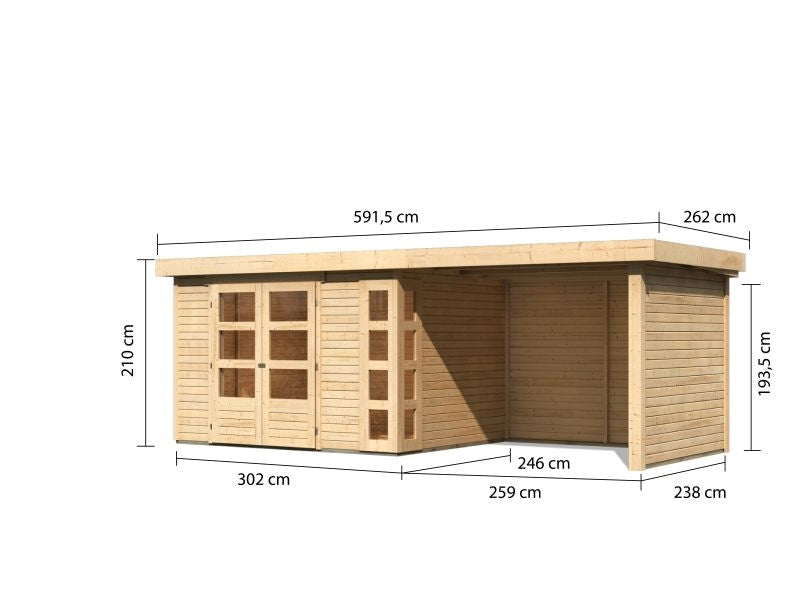 Karibu Gartenhaus Kerko 5 natur mit Anbaudach 2,80 m inkl. Seiten- und Rückwand