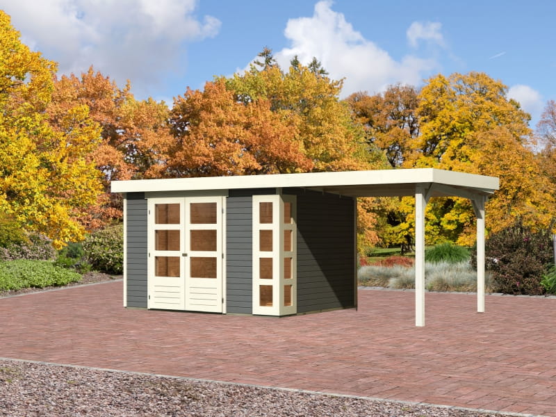 Karibu Gartenhaus Kerko 5 terragrau mit Anbaudach 2,40 m