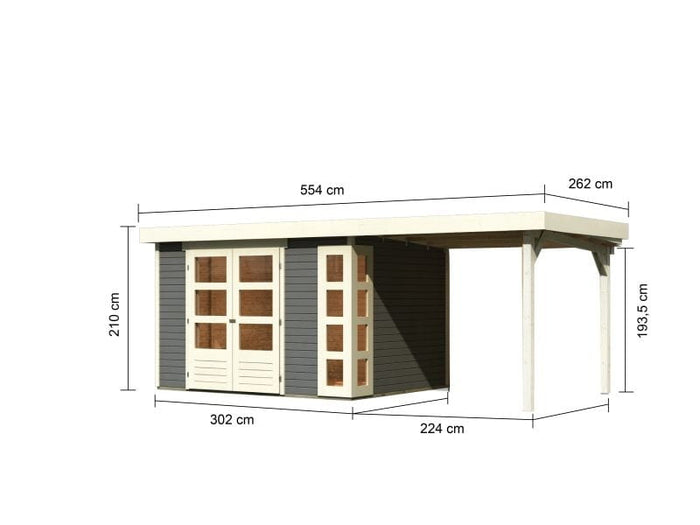 Karibu Gartenhaus Kerko 5 terragrau mit Anbaudach 2,40 m