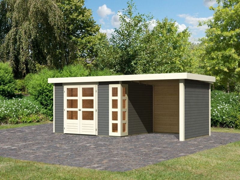 Karibu Gartenhaus Kerko 5 terragrau mit Anbaudach 2,40 m inkl. Seiten- und Rückwand