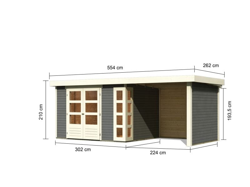 Karibu Gartenhaus Kerko 5 terragrau mit Anbaudach 2,40 m inkl. Seiten- und Rückwand