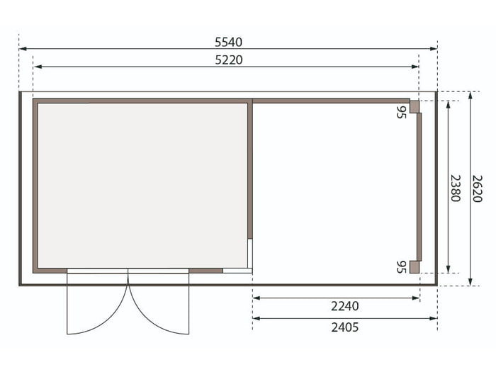Karibu Gartenhaus Kerko 5 terragrau mit Anbaudach 2,40 m inkl. Seiten- und Rückwand