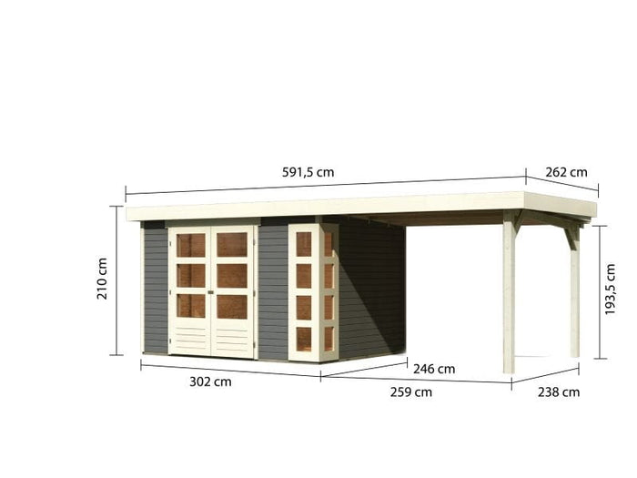Karibu Gartenhaus Kerko 5 terragrau mit Anbaudach 2,80 m