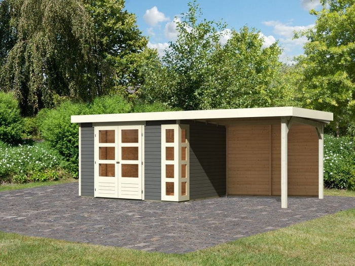 Karibu Gartenhaus Kerko 5 terragrau mit Anbaudach 2,80 m inkl. Rückwand