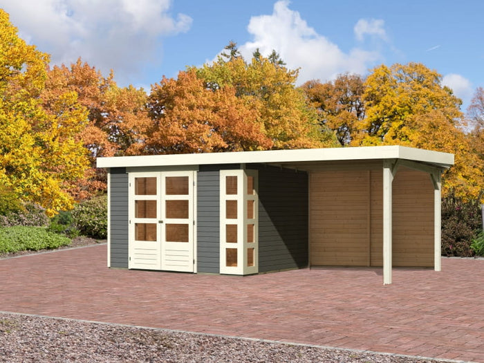 Karibu Gartenhaus Kerko 5 terragrau mit Anbaudach 2,80 m inkl. Rückwand