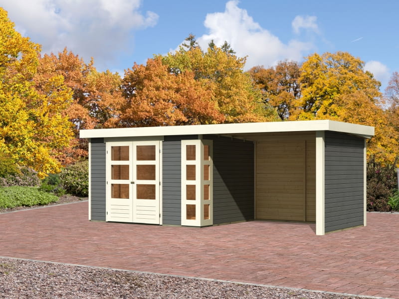 Karibu Gartenhaus Kerko 5 terragrau mit Anbaudach 2,80 m inkl. Seiten- und Rückwand