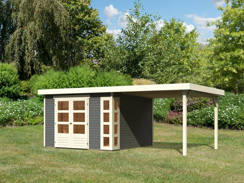 Karibu Gartenhaus Kerko 6 mit 2,40 m Anbaudach, 19 mm, terragrau