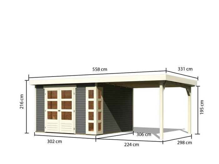 Karibu Gartenhaus Kerko 6 mit 2,40 m Anbaudach, 19 mm, terragrau