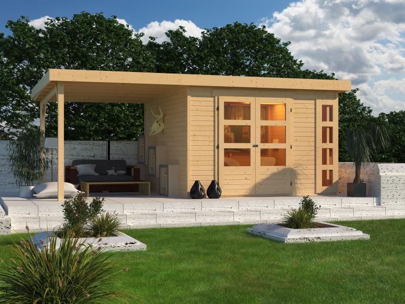 Karibu Gartenhaus Kerko 6 mit 2,40 m Anbaudach, 19 mm, natur