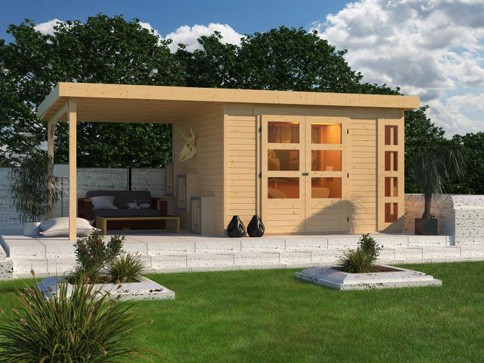 Karibu Gartenhaus Kerko 6 mit 2,40 m Anbaudach, 19 mm, natur