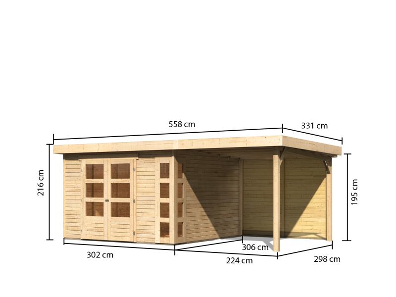 Karibu Gartenhaus Kerko 6 natur mit 2,40 m Anbaudach inkl. Rückwand